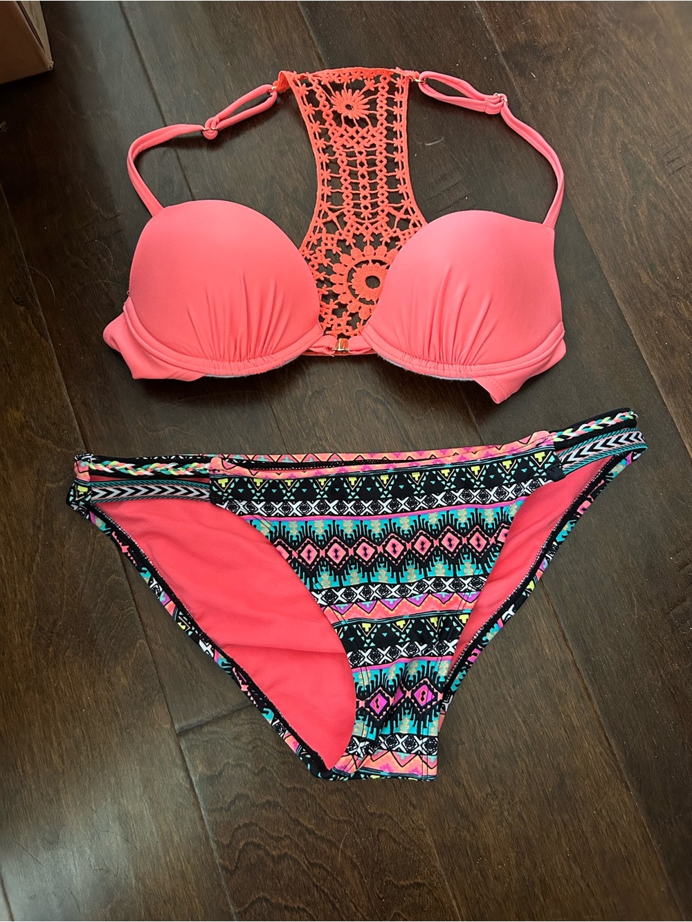 Women’s Coral Pink Crochet-Back Push-Up Bikini - Size Med